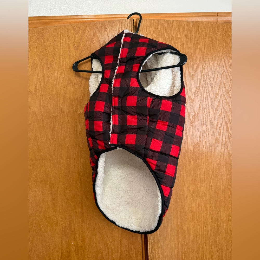 Buffalo plaid Sherpa lined dog vest with hood
